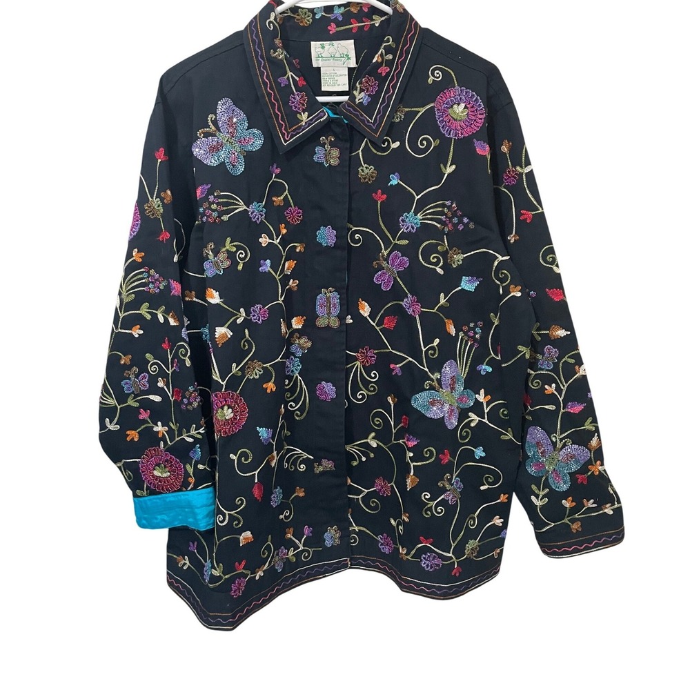 Vtg Quacker Factory Size L Black Beaded Butterfly Floral Embroidered Jacket